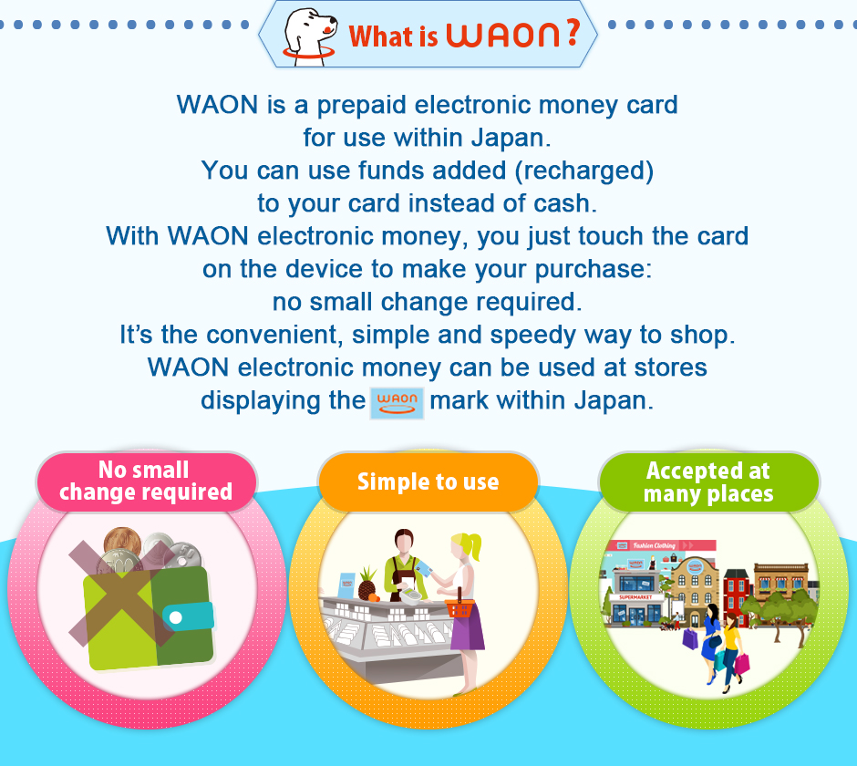 WAON is a prepaid electronic money card for use within Japan. You can use funds added (recharged) to your card instead of cash. With WAON electronic money, you just touch the card on the device to make your purchase: no small change required. It’s the convenient, simple and speedy way to shop. WAON electronic money can be used at stores displaying the mark within Japan.